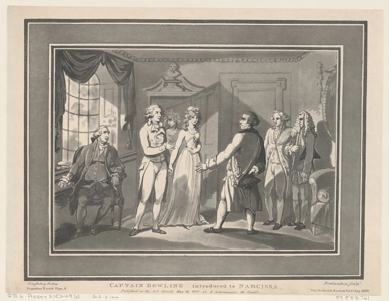 Kapteeni Bowling esiteltiin Narcissalle 12. toukokuuta 1800, 12. toukokuuta 1800. Tekijät: Thomas Rowlandson, Joseph Constantine Stadler. tekijältä ThomasThomas Rowlandson, Joseph Constantine Stadler Thomas Rowlandson, Joseph Constantine Stadler