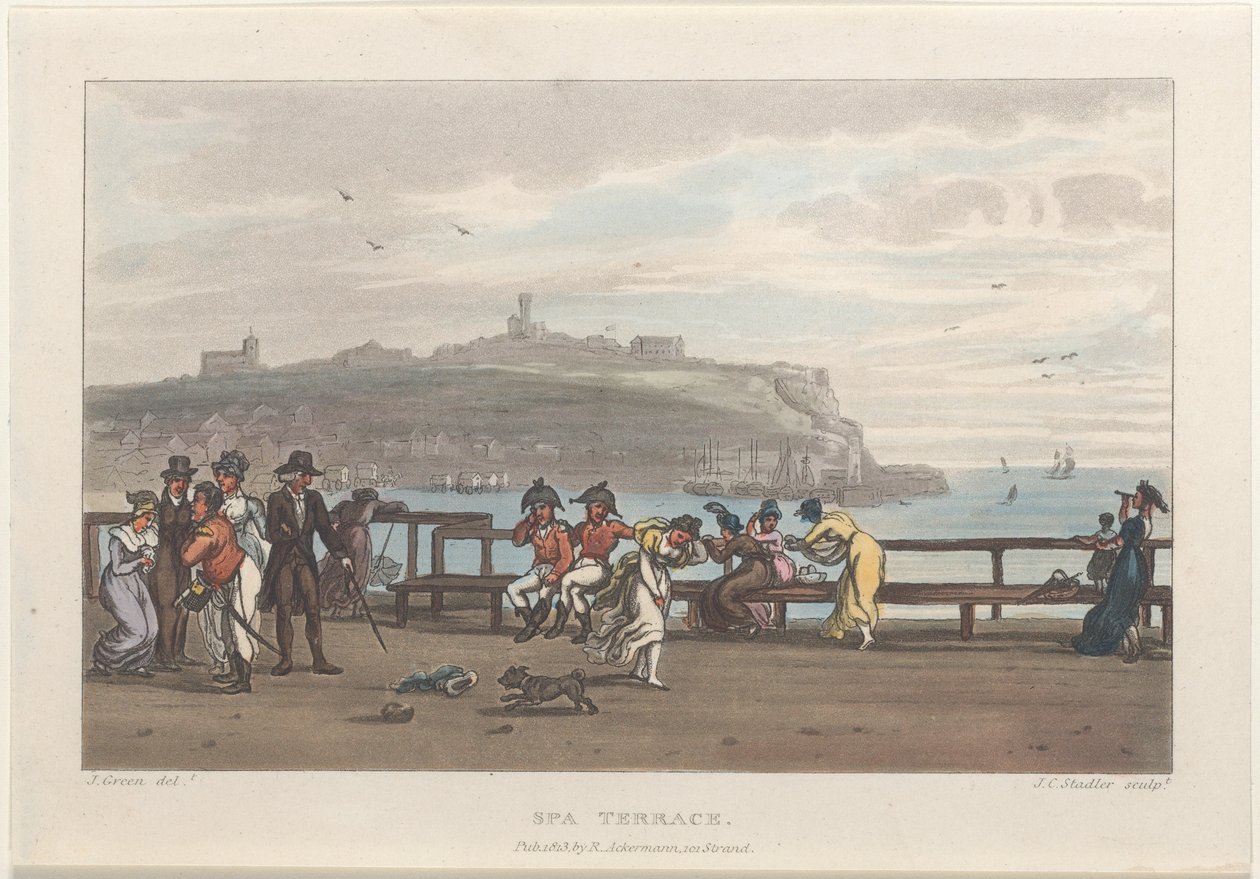 Spa Terrace, teoksesta Poetical Sketches of Scarborough, 1813., 1813. Tekijät: Thomas Rowlandson, Joseph Constantine Stadler, J. Bluck. tekijältä Thomas Rowlandson, Joseph Constantine Stadler, J. Bluck