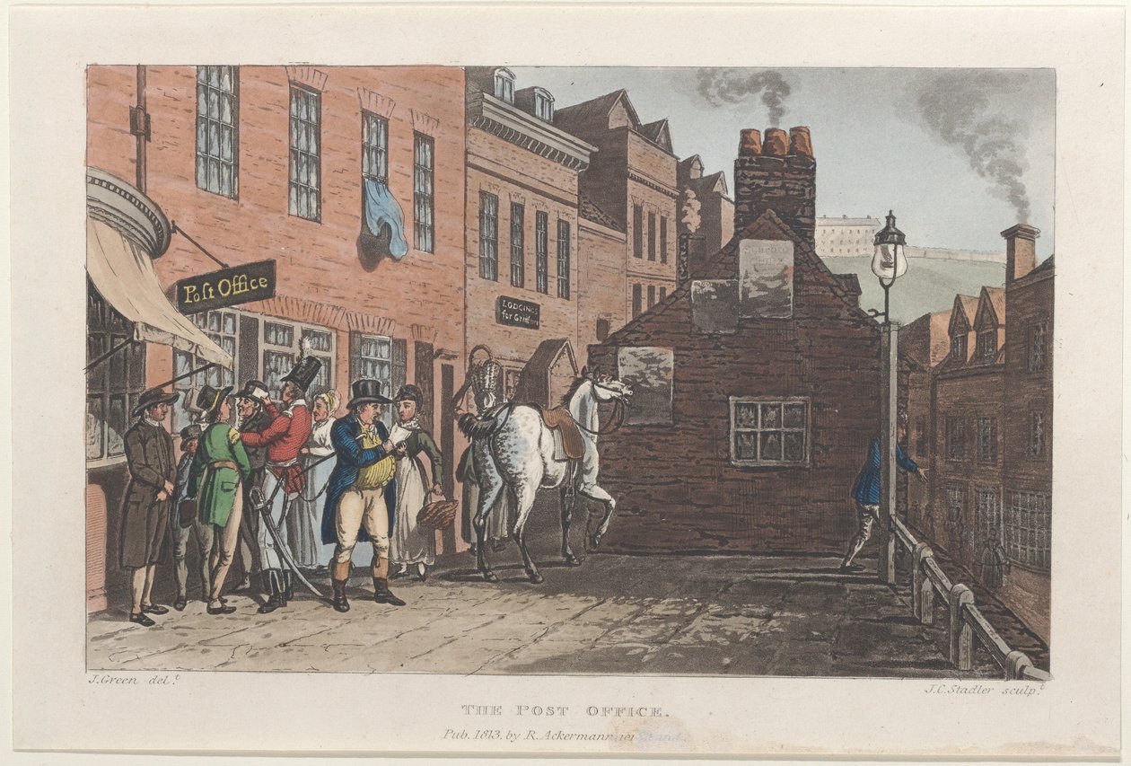 The Post Office, teoksesta Poetical Sketches of Scarborough, 1813., 1813. Tekijät: Thomas Rowlandson, Joseph Constantine Stadler, J. Bluck. tekijältä Thomas Rowlandson, Joseph Constantine Stadler, J. Bluck