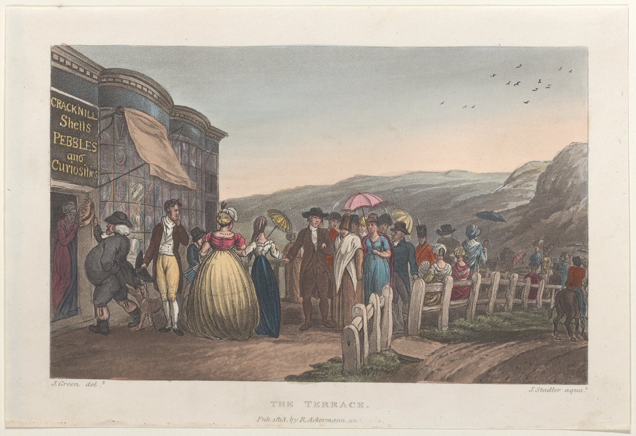 The Terrace, teoksesta Poetical Sketches of Scarborough, 1813., 1813. Tekijät: Thomas Rowlandson, Joseph Constantine Stadler, J. Bluck. tekijältä Thomas Rowlandson, Joseph Constantine Stadler, J. Bluck