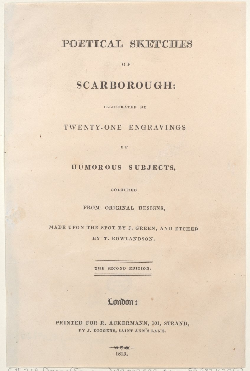 Otsikko, teoksesta Poetical Sketches of Scarborough, 1813., 1813. Tekijät: Thomas Rowlandson, Joseph Constantine Stadler, J. Bluck. tekijältä Thomas Rowlandson, Joseph Constantine Stadler, J. Bluck