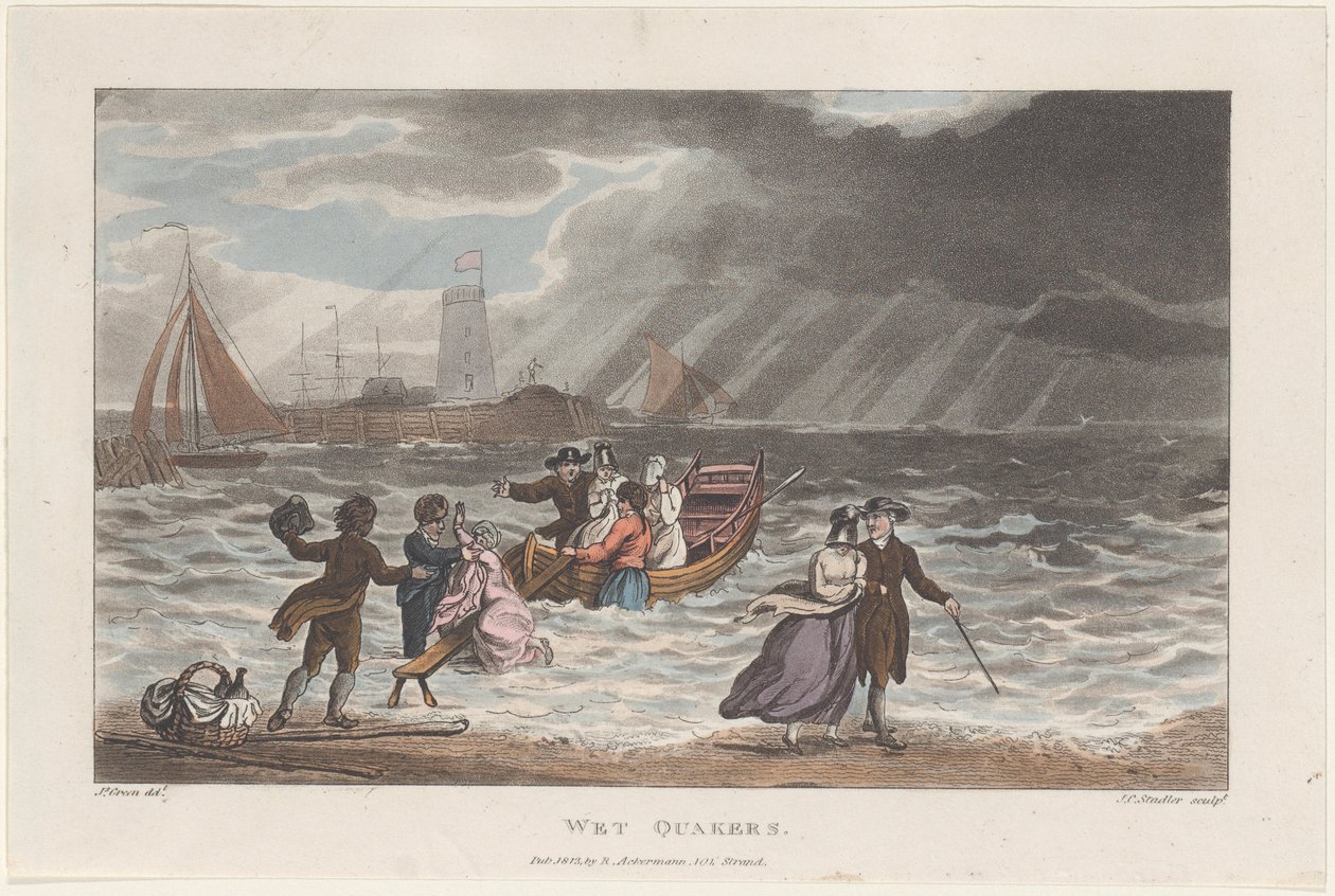 Wet Quakers, teoksesta Poetical Sketches of Scarborough, 1813., 1813. Tekijät: Thomas Rowlandson, Joseph Constantine Stadler, J. Bluck. tekijältä Thomas Rowlandson, Joseph Constantine Stadler, J. Bluck