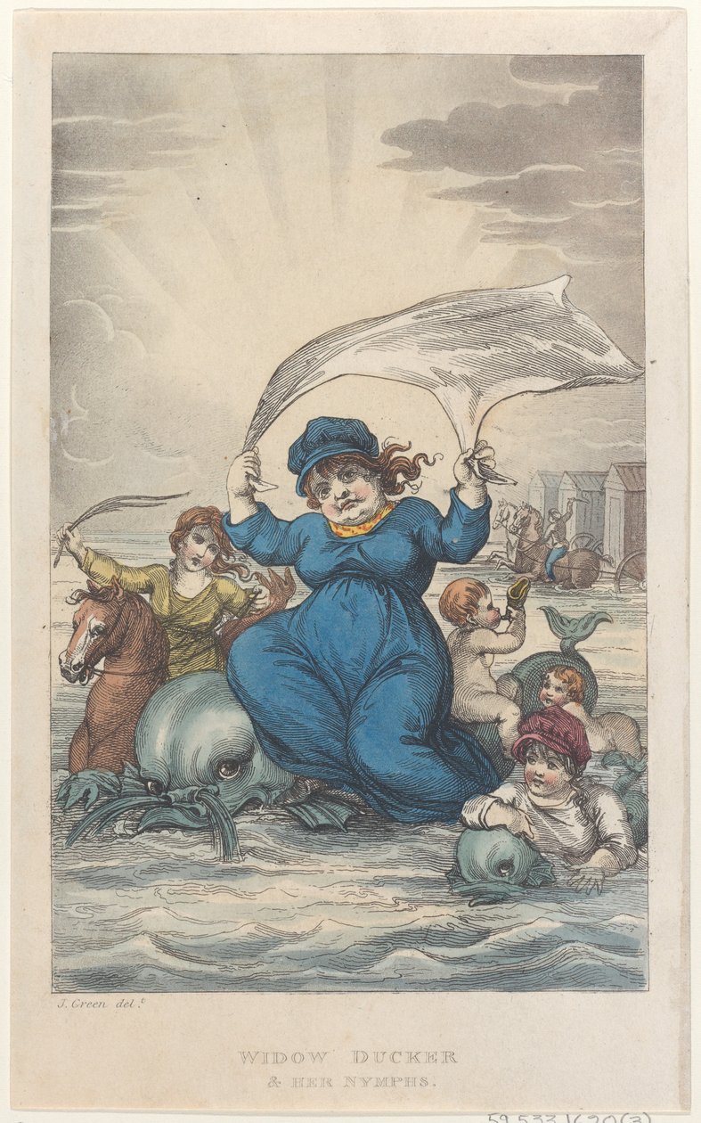 Widow Ducker & Her Nymphs, teoksesta Poetical Sketches of Scarborough, 1813., 1813. Tekijät: Thomas Rowlandson, Joseph Constantine Stadler, J. Bluck. tekijältä Thomas Rowlandson, Joseph Constantine Stadler, J. Bluck