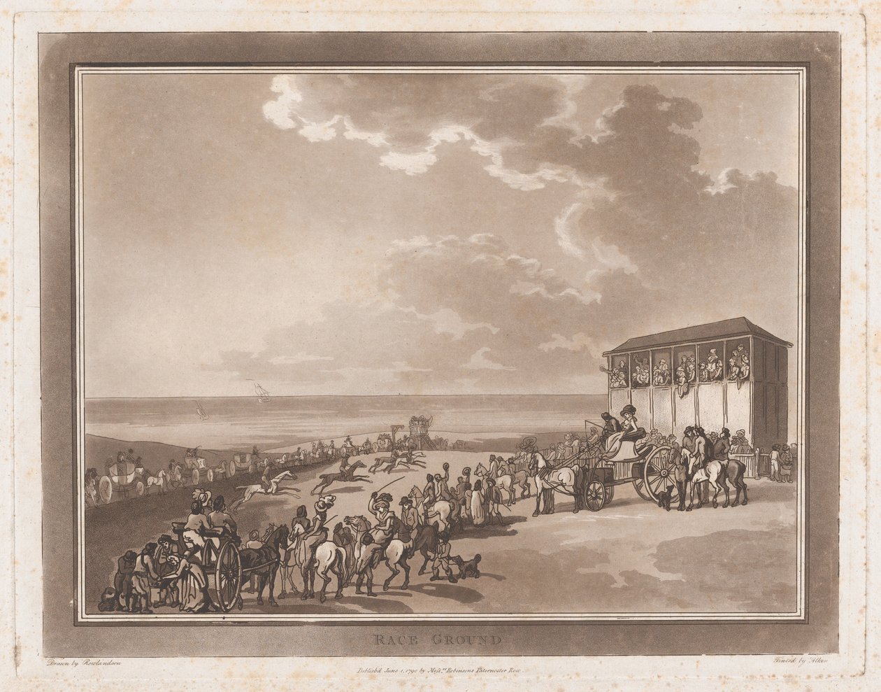 Race Ground An Excursion to Brighthelmstone, 1. kesäkuuta 1790, 1. kesäkuuta 1790. Tekijät: Thomas Rowlandson, Samuel Alken. tekijältä Thomas Rowlandson, Samuel Alken