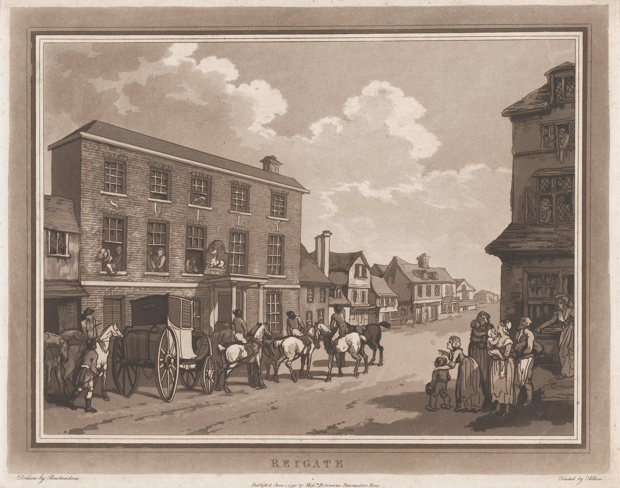 Reigate An Excursion to Brighthelmstone, 1. kesäkuuta 1790, 1. kesäkuuta 1790. Tekijät: Thomas Rowlandson, Samuel Alken. tekijältä Thomas Rowlandson, Samuel Alken