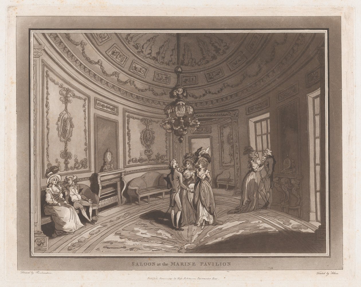 Saloon at the Marine Pavillion An Excursion to Brighthelmstone, 1. kesäkuuta 1790, 1. kesäkuuta 1790. Tekijät: Thomas Rowlandson, Samuel Alken. tekijältä Thomas Rowlandson, Samuel Alken