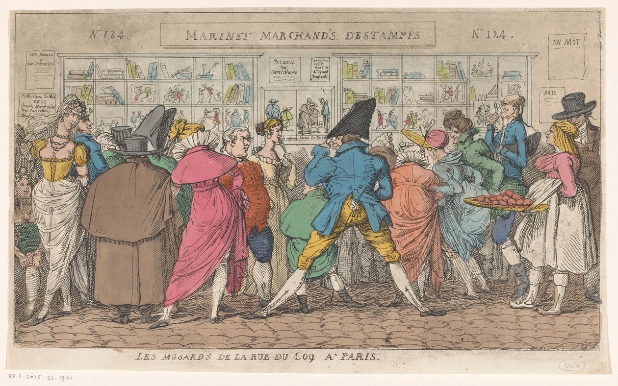 Väkijoukko kustantajan Aaron Martinetin ikkunan edessä Rue du Coqilla Pariisissa Les musards de la rue du Coq a Paris (otsikko esineessä) tekijältä Thomas Rowlandson (attributed to)