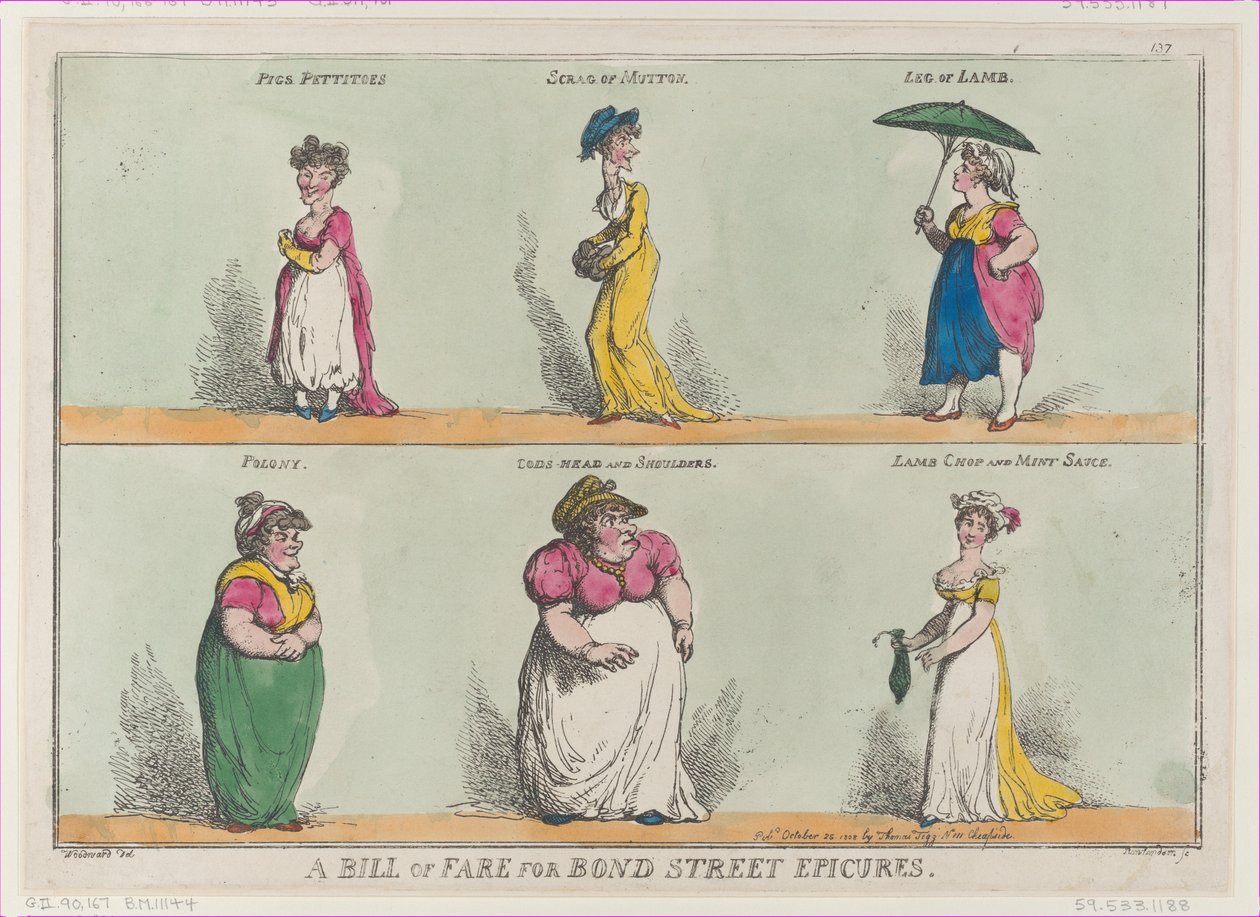Bond Street Epicuresin hintalappu!!, 25. lokakuuta 1808, 25. lokakuuta 1808. tekijältä Thomas Rowlandson