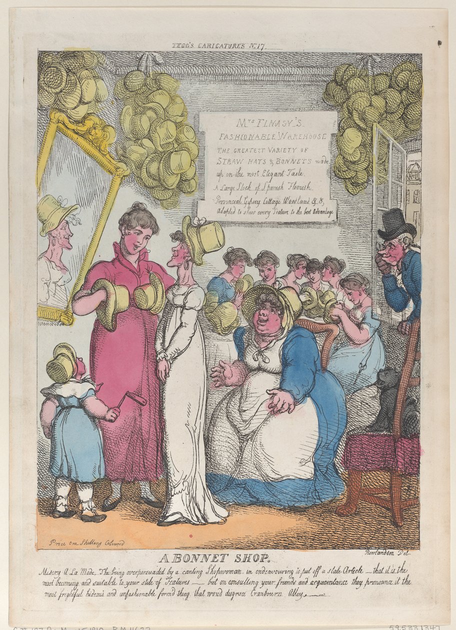 A Bonnet Shop, 15. toukokuuta 1810, 15. toukokuuta 1810. tekijältä Thomas Rowlandson