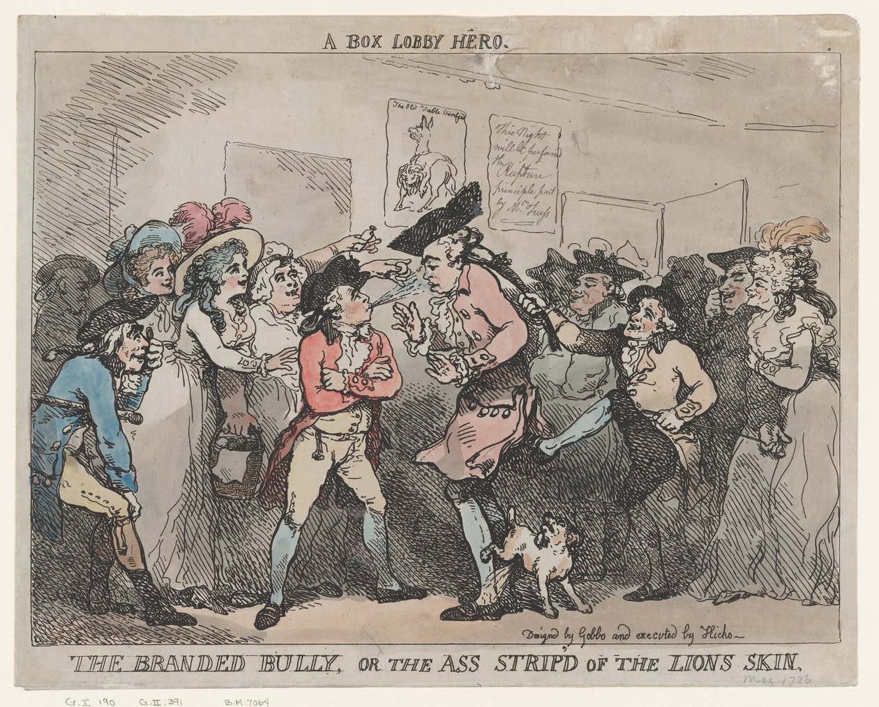 ”Box Lobby Hero”, ”The Branded Bully” tai ”The Ass Stripp’d of the Lion’s Skin”. tekijältä Thomas Rowlandson