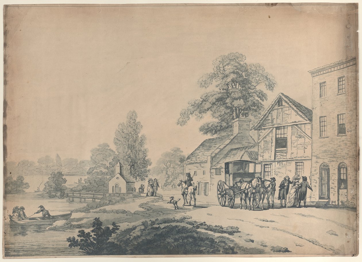 Valmentaja majatalon ulkopuolella, 1785-90, 1785-90. tekijältä Thomas Rowlandson