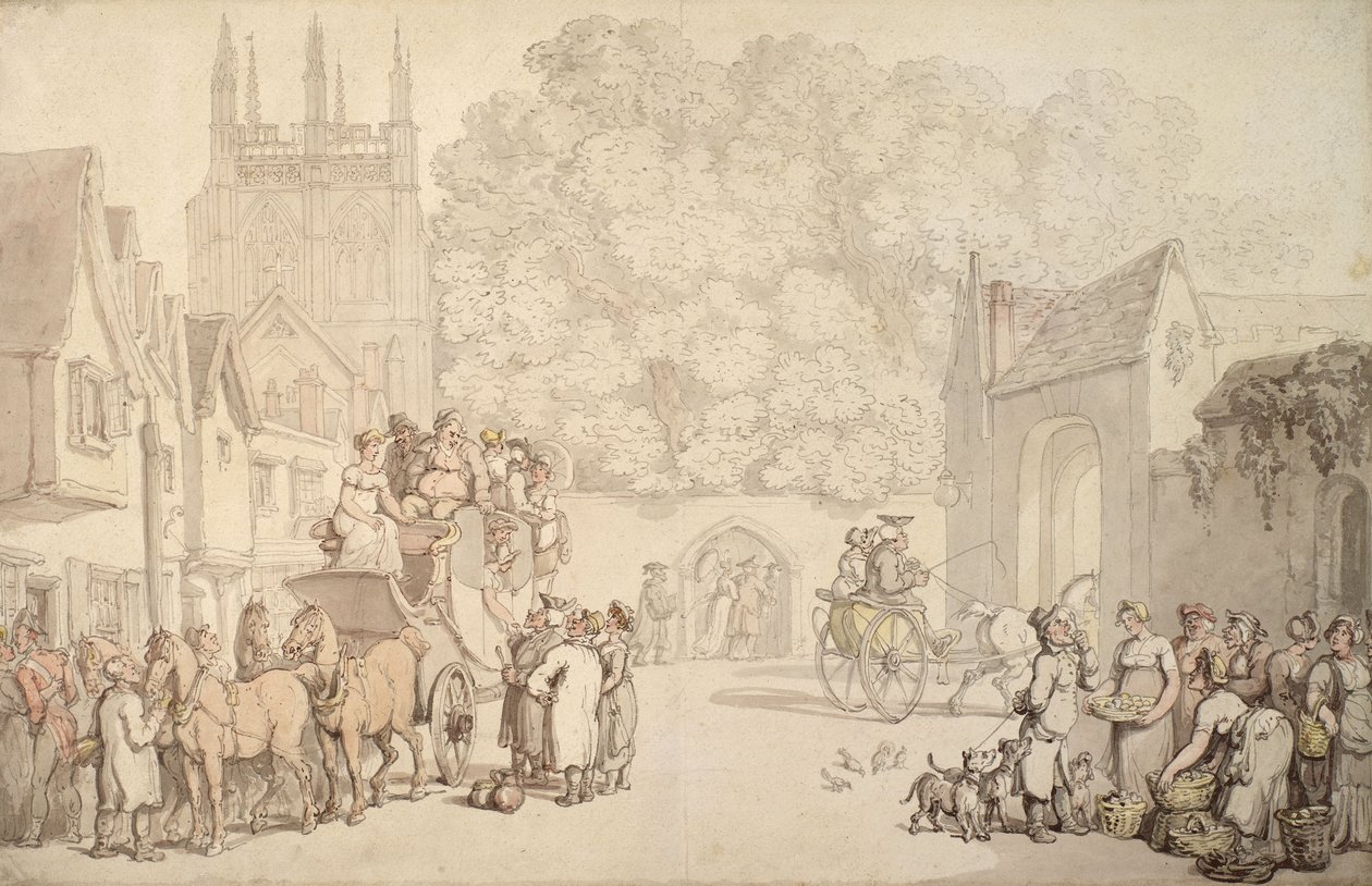Valmentaja, joka valmistautuu lähtemään Canterbury Gatesta, Christ Church, Oxford, n. 1810-15 tekijältä Thomas Rowlandson