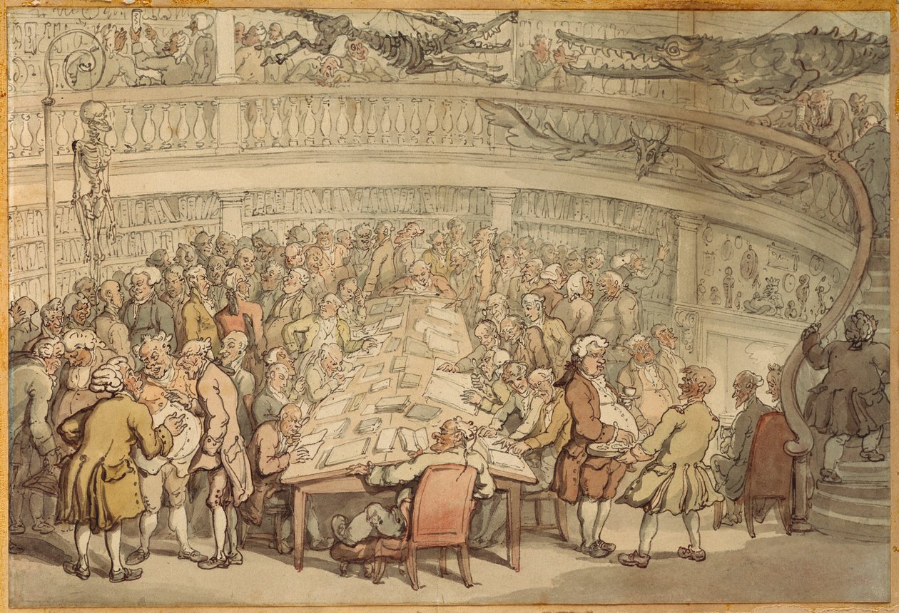 Keskustelu "Surgeons Hallissa", Old Baileyssä, Lontoossa tekijältä Thomas Rowlandson