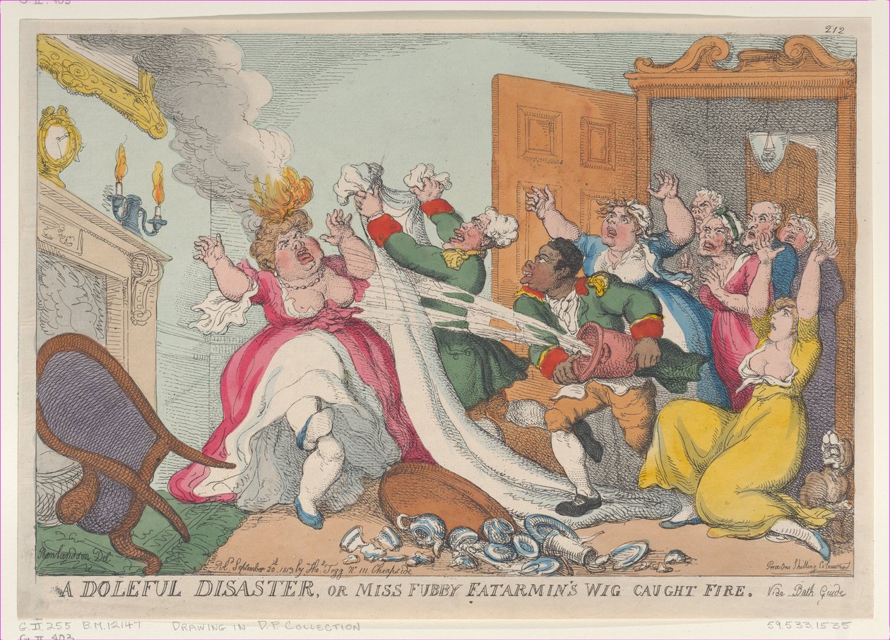 Tuhoisa katastrofi eli neiti Fubby Fatarminin peruukki syttyi tuleen, 20. syyskuuta ..., 20. syyskuuta 1813. tekijältä Thomas Rowlandson