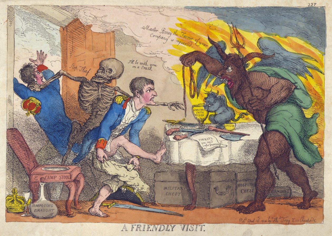 A FRIENDLY VISIT, satiiri Napoleonin tappiosta, luopumisesta ja Elbaan vetäytymisestä tekijältä Thomas Rowlandson