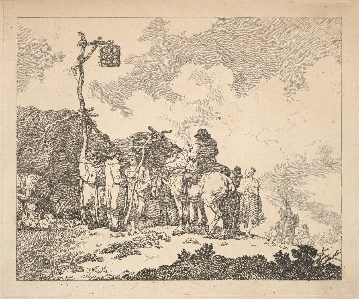 Messut - Ryhmä mustalaisia - Miehet ja naiset maalaismaisissa vaatteissa kahden tilapäisen Te...n edessä, 1786. tekijältä Thomas Rowlandson