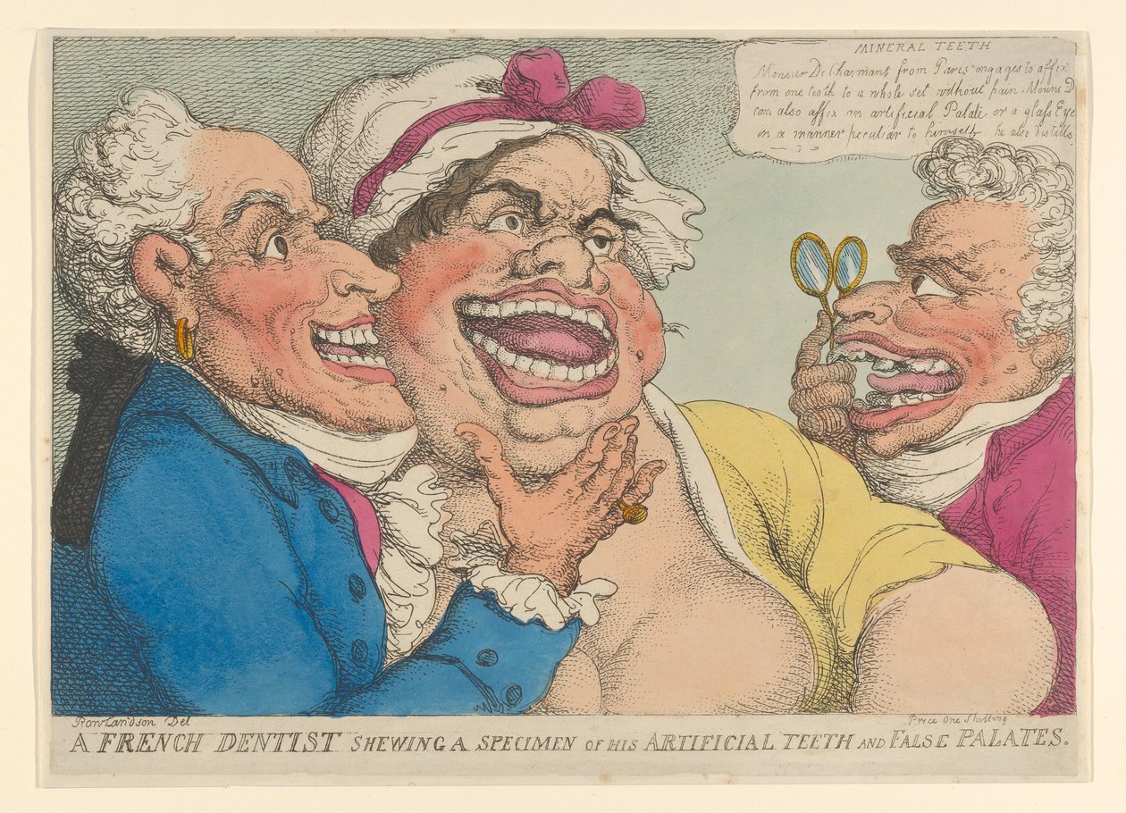 Ranskalainen hammaslääkäri, joka näyttää näytettä tekohampaistaan ja väärästä kitalaesta, 1811, 1811. tekijältä Thomas Rowlandson