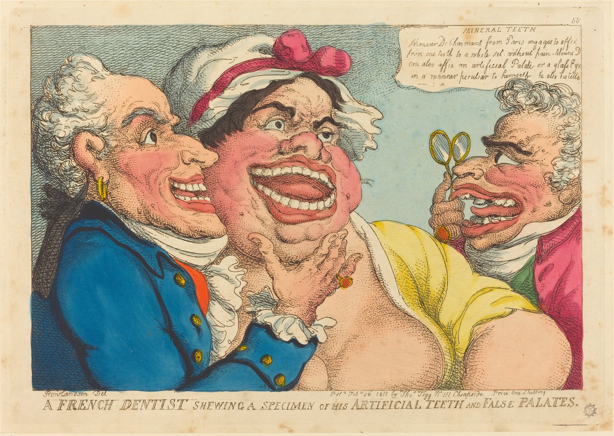 Ranskalainen hammaslääkäri näyttää näytettä tekohammastaan ja tekosuulaki tekijältä Thomas Rowlandson