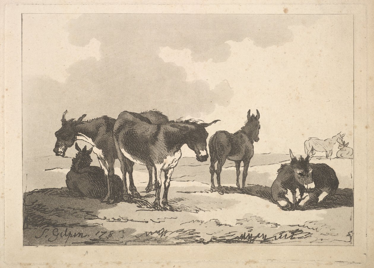 Viiden aasin ryhmä, kolme seisovaa, kaksi makaa, 1783-87. tekijältä Thomas Rowlandson