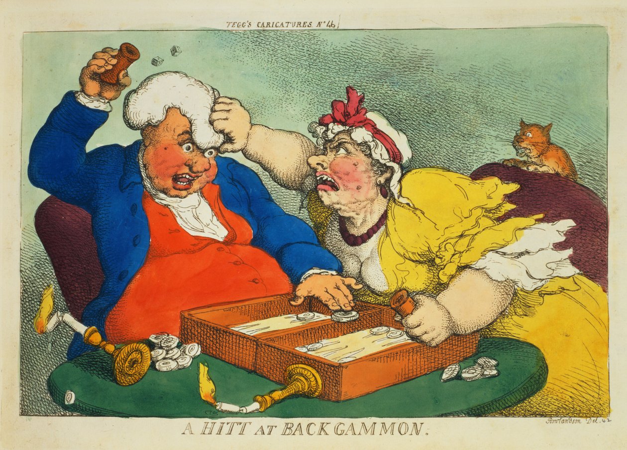 Hitti Backgammonissa (värillinen etsaus) tekijältä Thomas Rowlandson