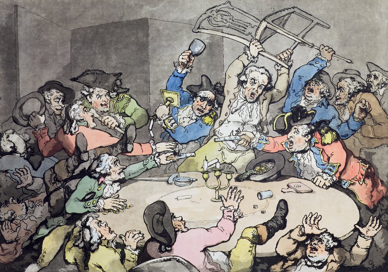 Kick Up vaarapöydässä, pub. J. Harris, 1787 (värillinen etsaus akvatintalla) tekijältä Thomas Rowlandson