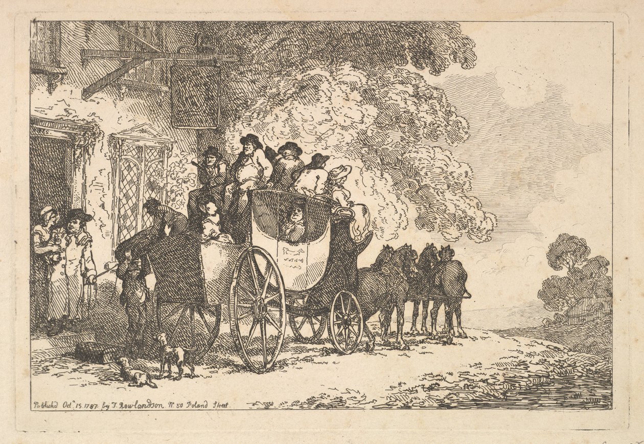 Täynnä matkustajia oleva postivaunu postitalon edessä tekijältä Thomas Rowlandson