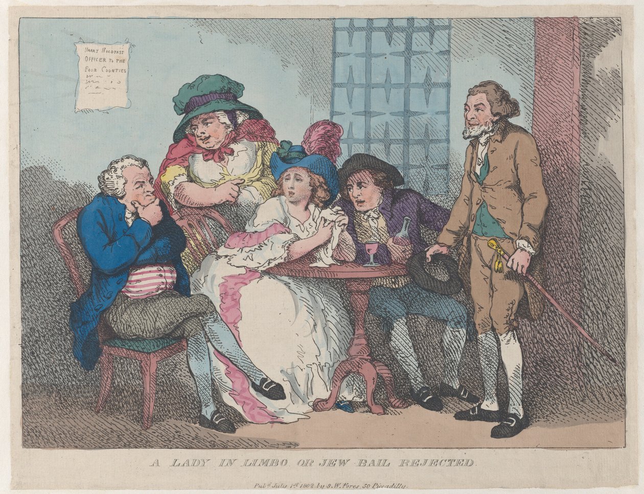 Lady in Limbo, tai juutalaisen takuita hylätty, 1. heinäkuuta 1802, 1. heinäkuuta 1802. tekijältä Thomas Rowlandson
