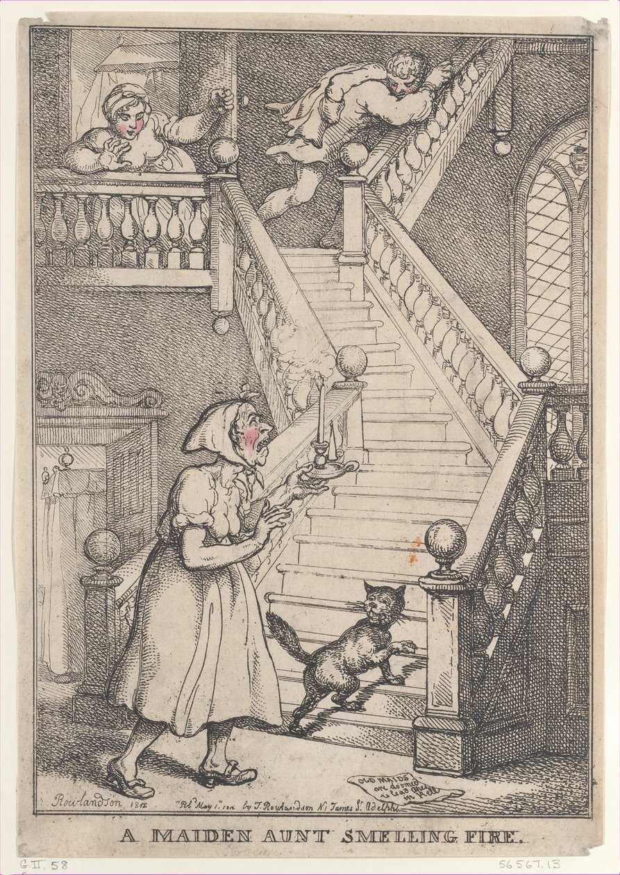 A Maiden Aunt Smeling Fire, [1. toukokuuta 1806], julkaistu uudelleen 1. toukokuuta..., [1. toukokuuta 1806], uusintapainos 1. toukokuuta 1812. tekijältä Thomas Rowlandson