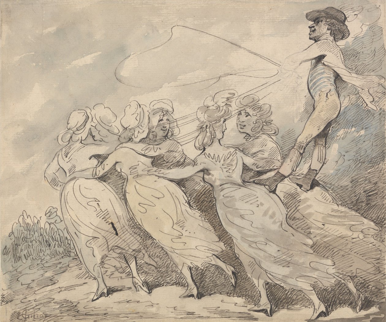 Mies, joka ajaa kuuden tytön vetämää vaunua tekijältä Thomas Rowlandson