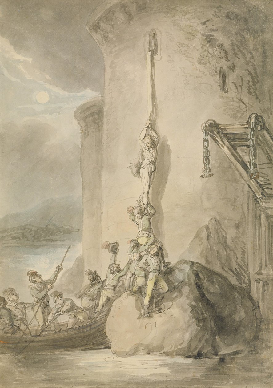 A Military Escapade, n. 1794 (kynä & muste akvarellilla ja pesu grafiitin päällä paperilla) tekijältä Thomas Rowlandson