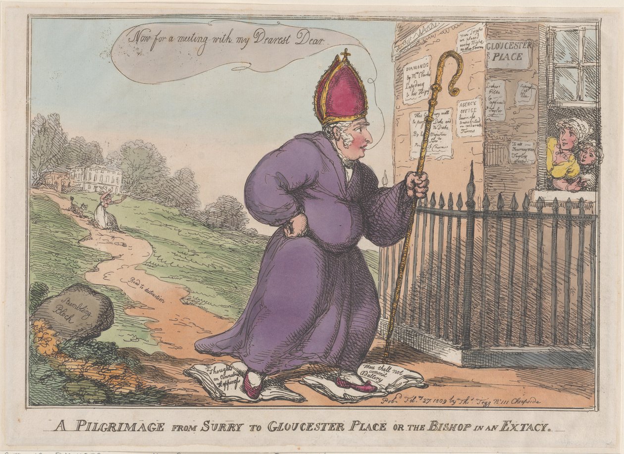 Pyhiinvaellus Surrysta Gloucester Placeen tai piispaan Extacyssa, 27. helmikuuta 1809. tekijältä Thomas Rowlandson