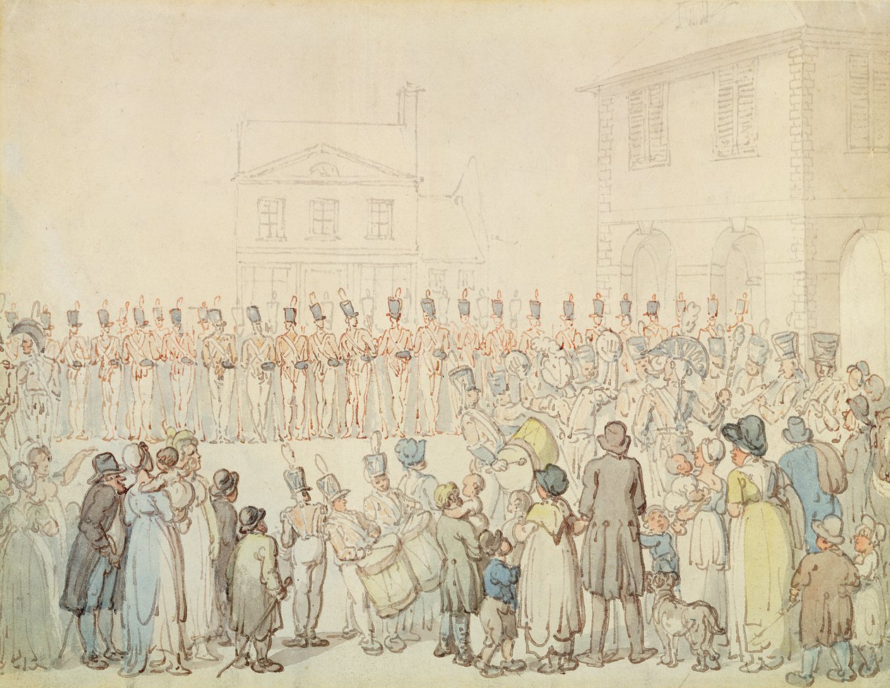 Katsaus Northamptonshiren miliisistä Brackleyssä, Northantsissa (kynä ja muste vesivärillä paperille) tekijältä Thomas Rowlandson