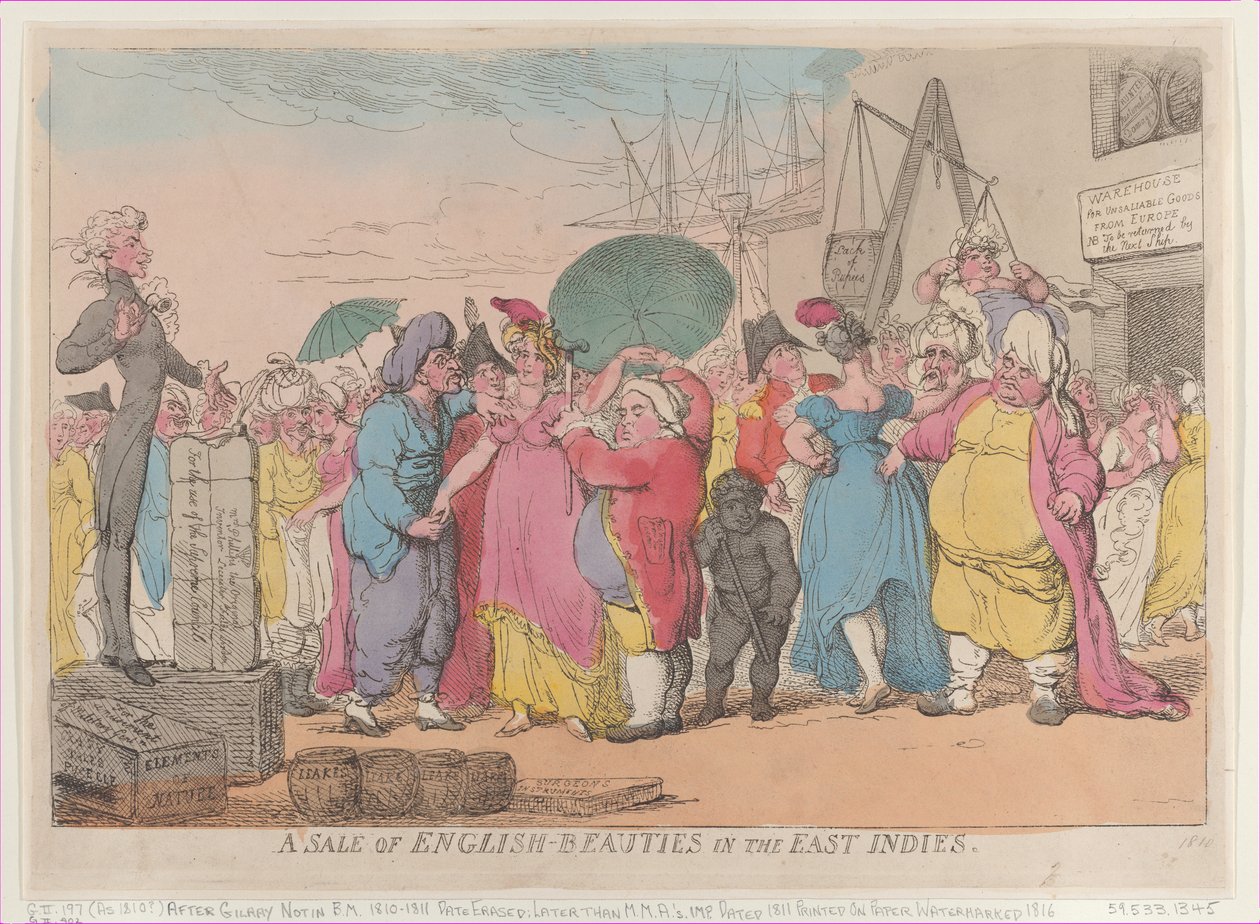 Englantilaisten kaunottareiden myynti Itä-Intiassa, [10. toukokuuta 1811], uusintapainos, [10. toukokuuta 1811], uusintapainos. tekijältä Thomas Rowlandson