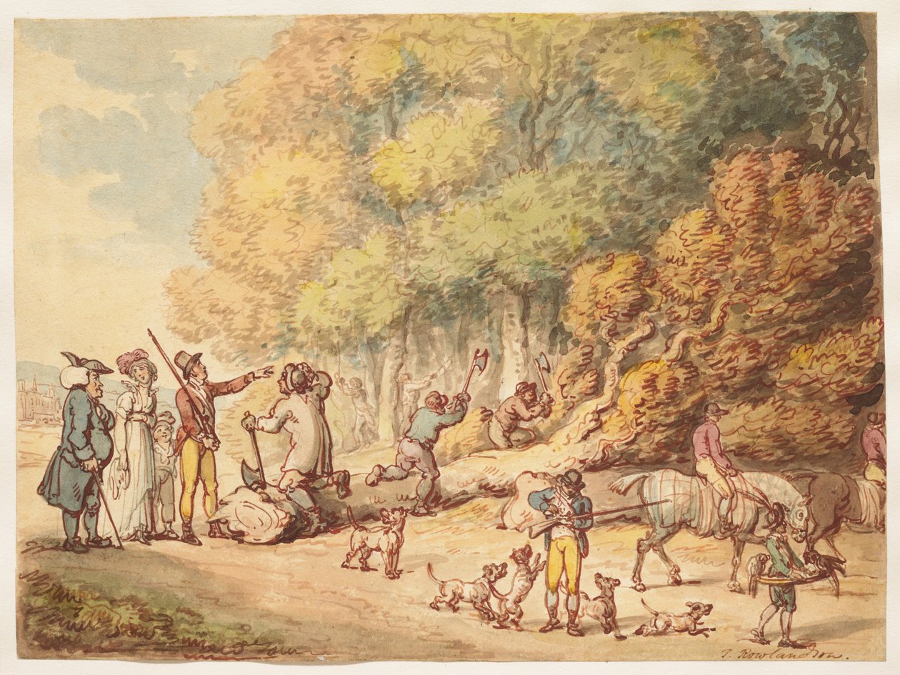 Metsästäjä perheineen neuvoo metsätyöläisiä pilkkomaan kaadetun puun tekijältä Thomas Rowlandson