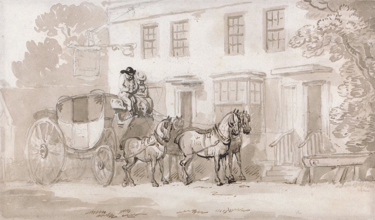 Postivaunut majatalon sisäänkäynnin edessä tekijältä Thomas Rowlandson