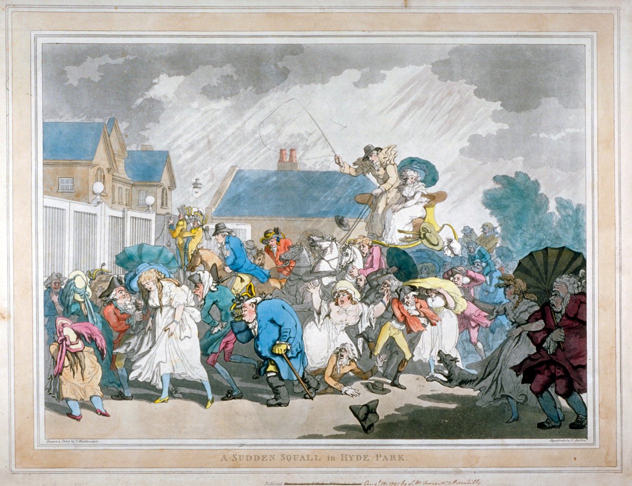 "A Sudden Squall in Hyde Park", Lontoo, 1791 tekijältä Thomas Rowlandson