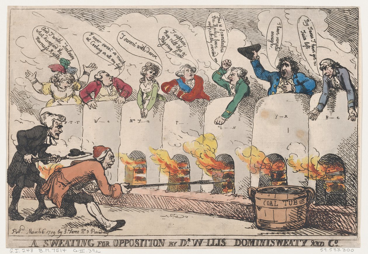 Tohtori W-llis Dominisweaty and Co.:n hikoilu opposition puolesta, 6. maaliskuuta 1789, 6. maaliskuuta 1789. tekijältä Thomas Rowlandson