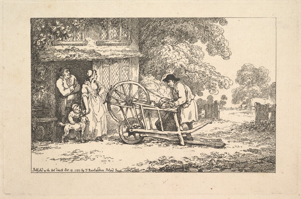 Liikkuva veitsimylly mökin ovella, 1787. tekijältä Thomas Rowlandson