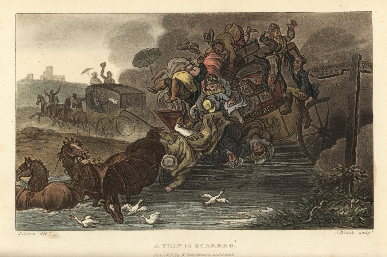 Matka Scarbroon: Matkatavaroilla ja matkustajilla täynnä oleva linja-auto ajaa lammeen. Käsinvärinen kuparikaiverrus Thomas Rowlandson, akvatinta J. Bluck, J. Greenin luonnoksen perusteella teoksesta Poetical Sketches of Scarborough, Ackermann, Lontoo tekijältä Thomas Rowlandson
