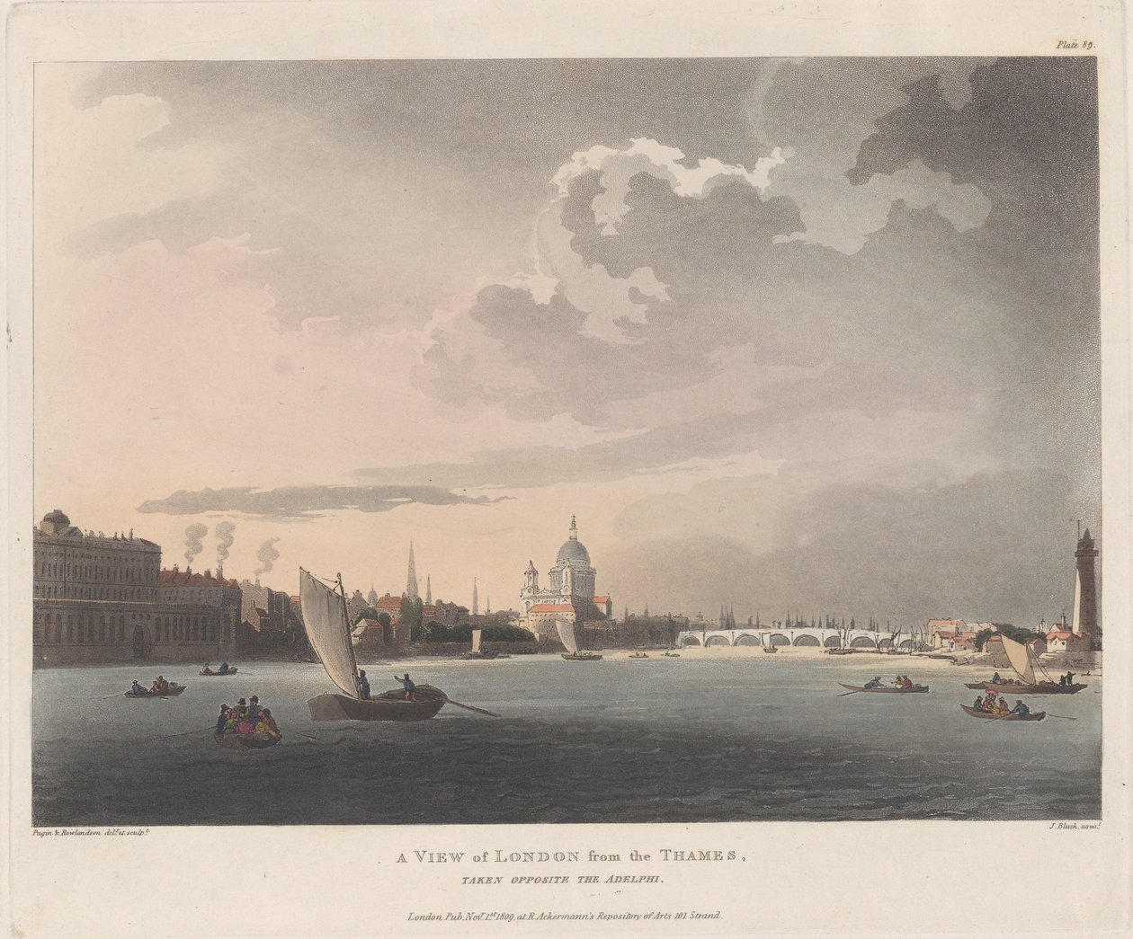 Näkymä Lontooseen Thamesilta, 1. marraskuuta 1809, 1. marraskuuta 1809 tekijältä Thomas Rowlandson