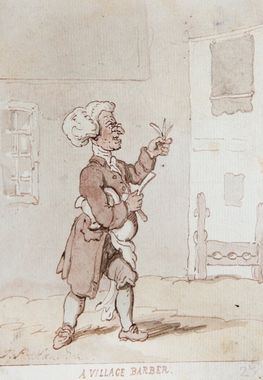 Kylän parturi (tussi ja akvarelli) tekijältä Thomas Rowlandson
