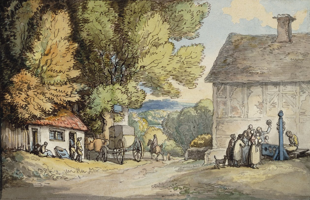Kylänvihreä: Puun alle pysähtynyt vaunu, jossa on mies varastossa ja joukko katsojia, tekijältä Thomas Rowlandson