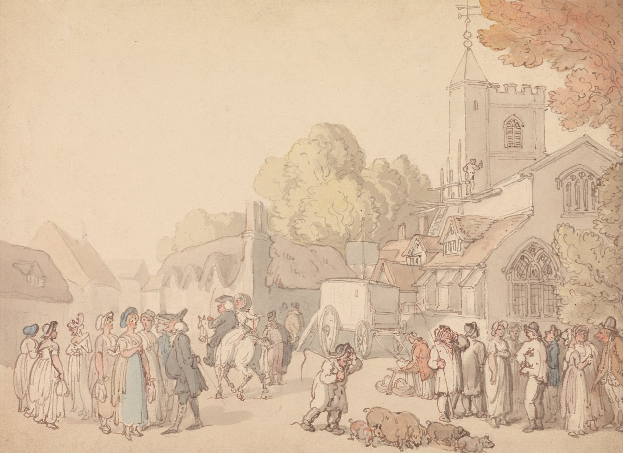 Kylämaisema kirkon edustalla tekijältä Thomas Rowlandson