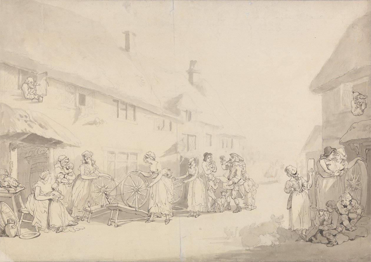 Kylämaisema, jossa tytöt kehräävät tekijältä Thomas Rowlandson