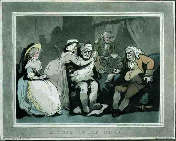 "Vierailu sedän luona", akvatintti, Francis Jukes (1747-1812), julkaisija E. Jackson. tekijältä Thomas Rowlandson