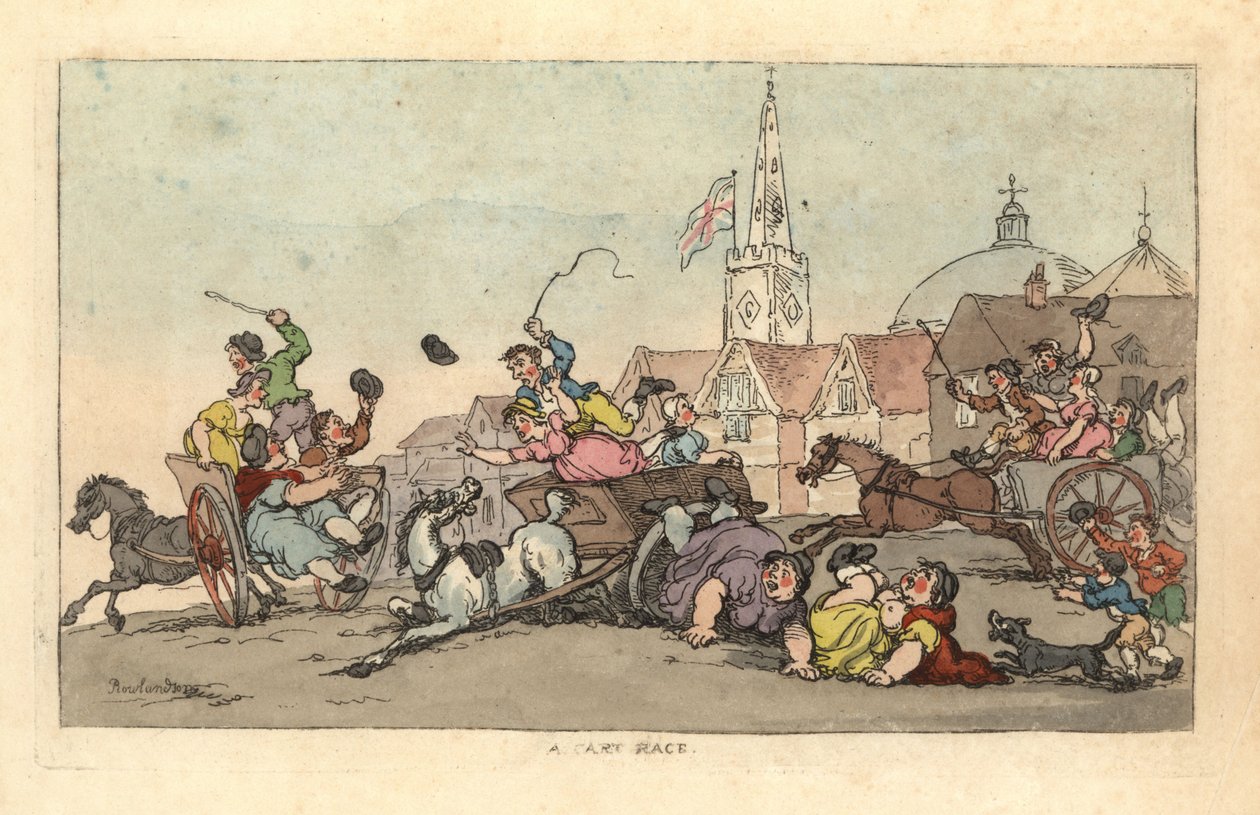 Kärrykisa englantilaisessa kaupungissa, onnettomuus etualalla tekijältä Thomas Rowlandson