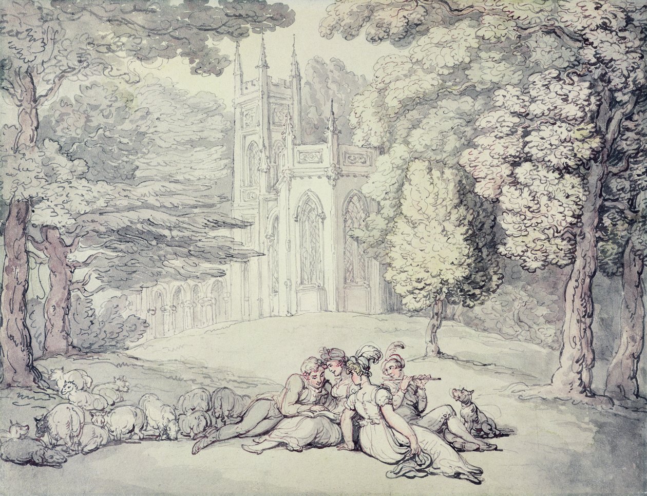 Yliopistovihreä, jossa ryhmä neitoja ja nuoria herroja etualalla, n. 1810-1815 (kynä & muste ja akvarelli kynällä paperille) tekijältä Thomas Rowlandson