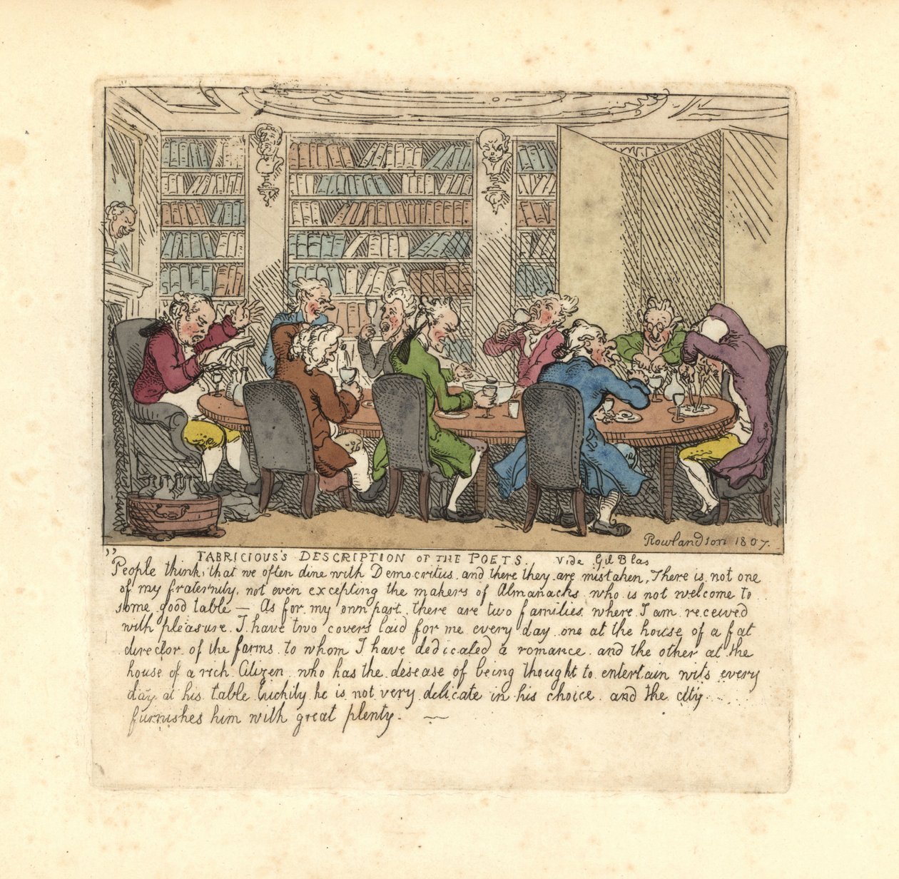 Ryhmä kirjailijoita syömässä rikkaan kansalaisen talossa. tekijältä Thomas Rowlandson