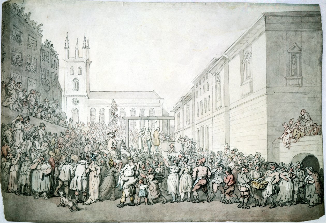 Julkinen teloitus Newgatessa Lontoossa 1700-luvun lopulla tekijältä Thomas Rowlandson