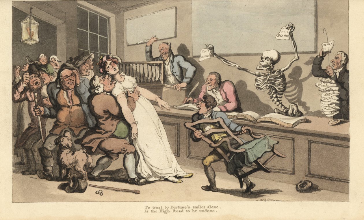 Nainen kuolee shokissa nähdessään tyhjän paperin, jota arpajaistoimistossa kuolee luuranko. Käsinvärinen kuparilevy, jonka on piirtänyt ja kaivertanut Thomas Rowlandson teoksesta The English Dance of Death, Ackermann, Lontoo tekijältä Thomas Rowlandson